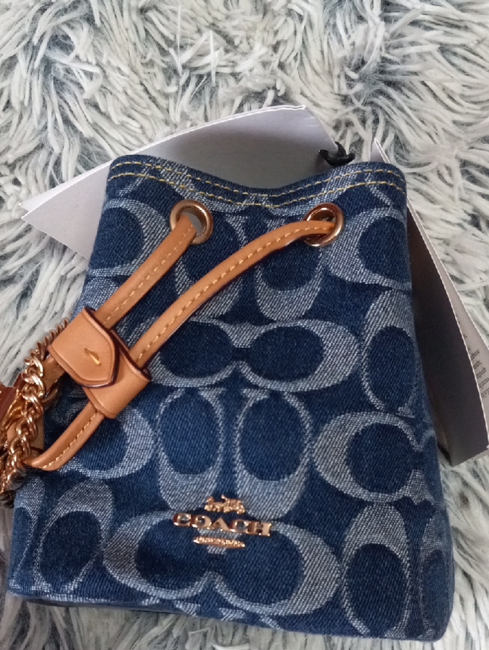 Coach Denim Mini Bucket Bag in Blue with Tan Trim and Gold Hardware